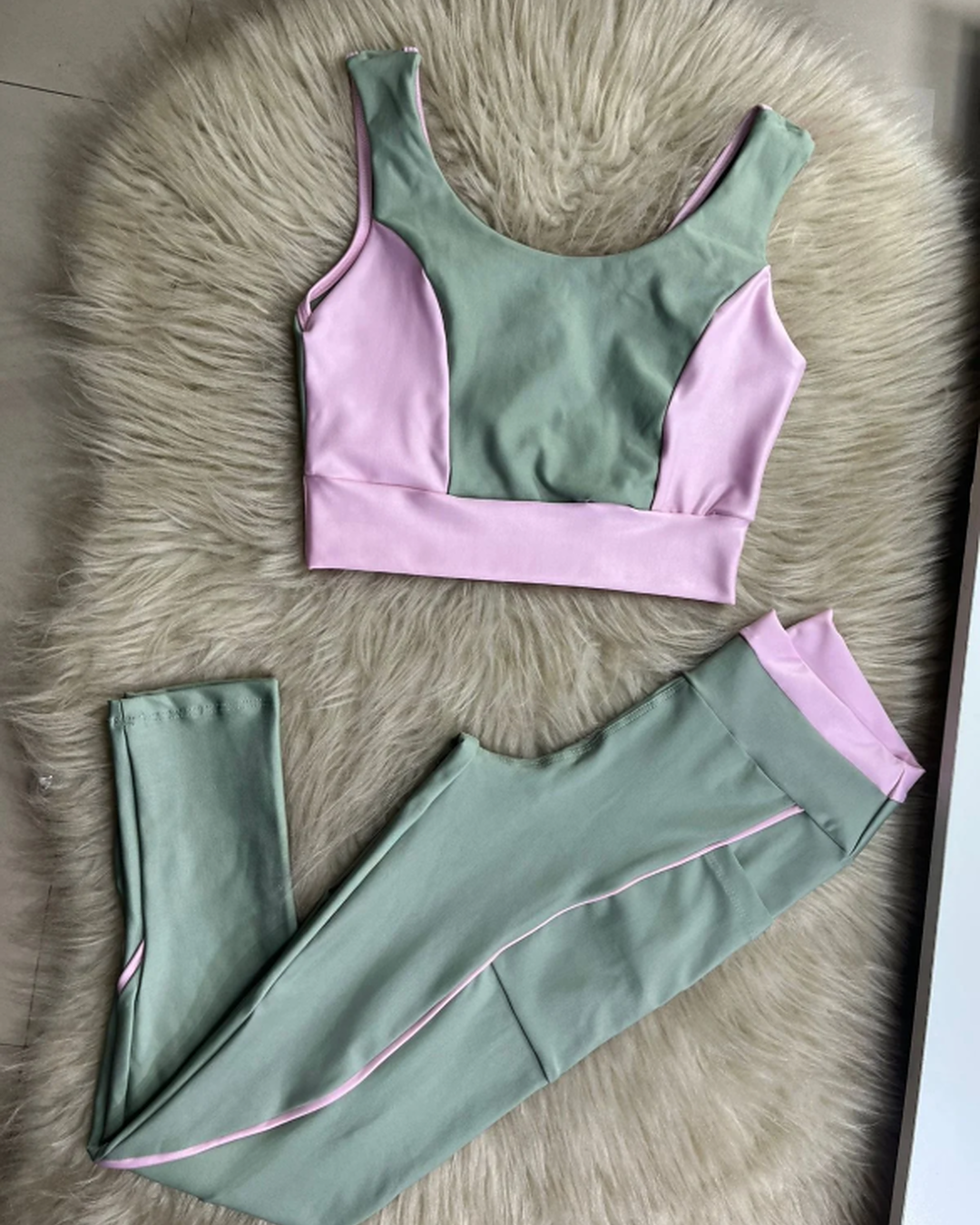 Legging with Side Pocket & Top Set – Rosemary Green + Baby Pink