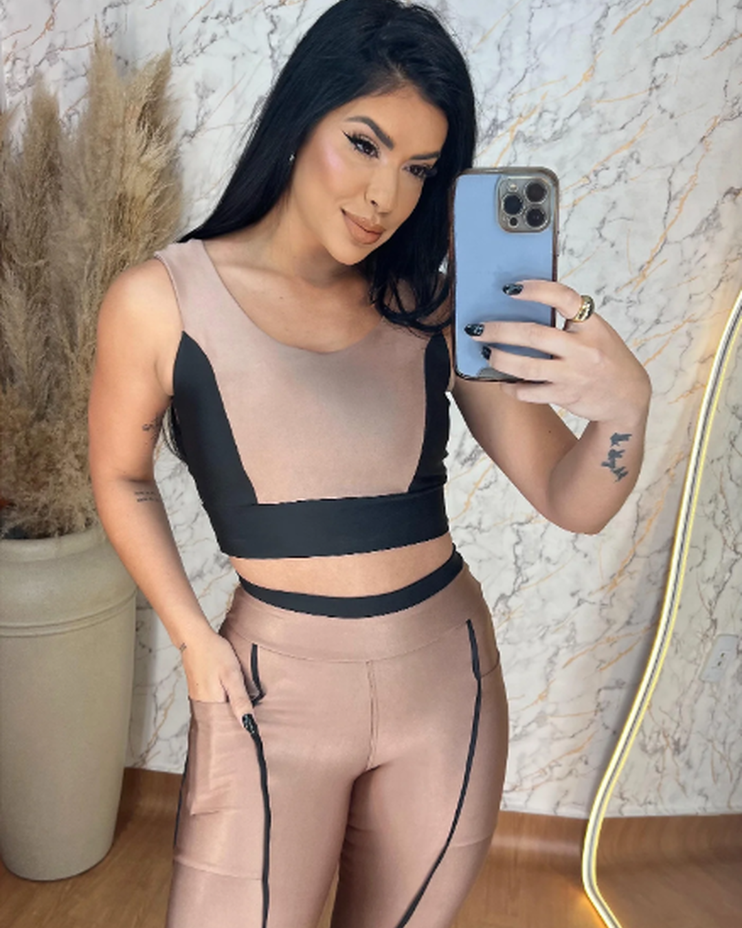 Cappuccino & Black Active Set – Piped Pocket Legging + Top