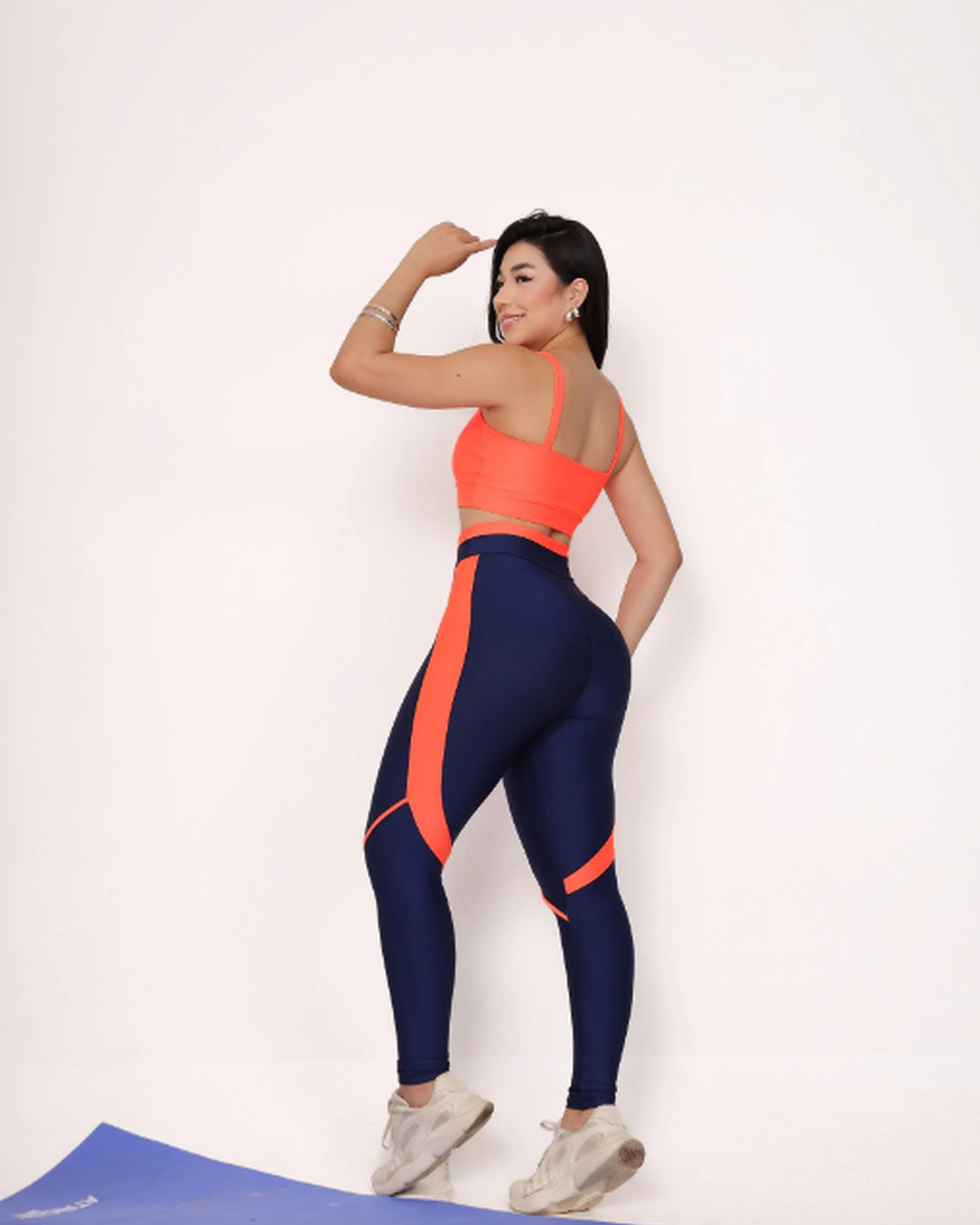 Navy Blue Legging Set with Piping + Straight-Strap Top in Neon Orange