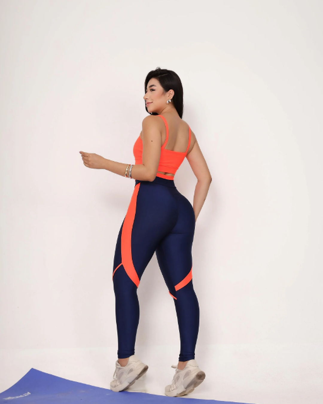 Navy Blue Legging Set with Piping + Straight-Strap Top in Neon Orange