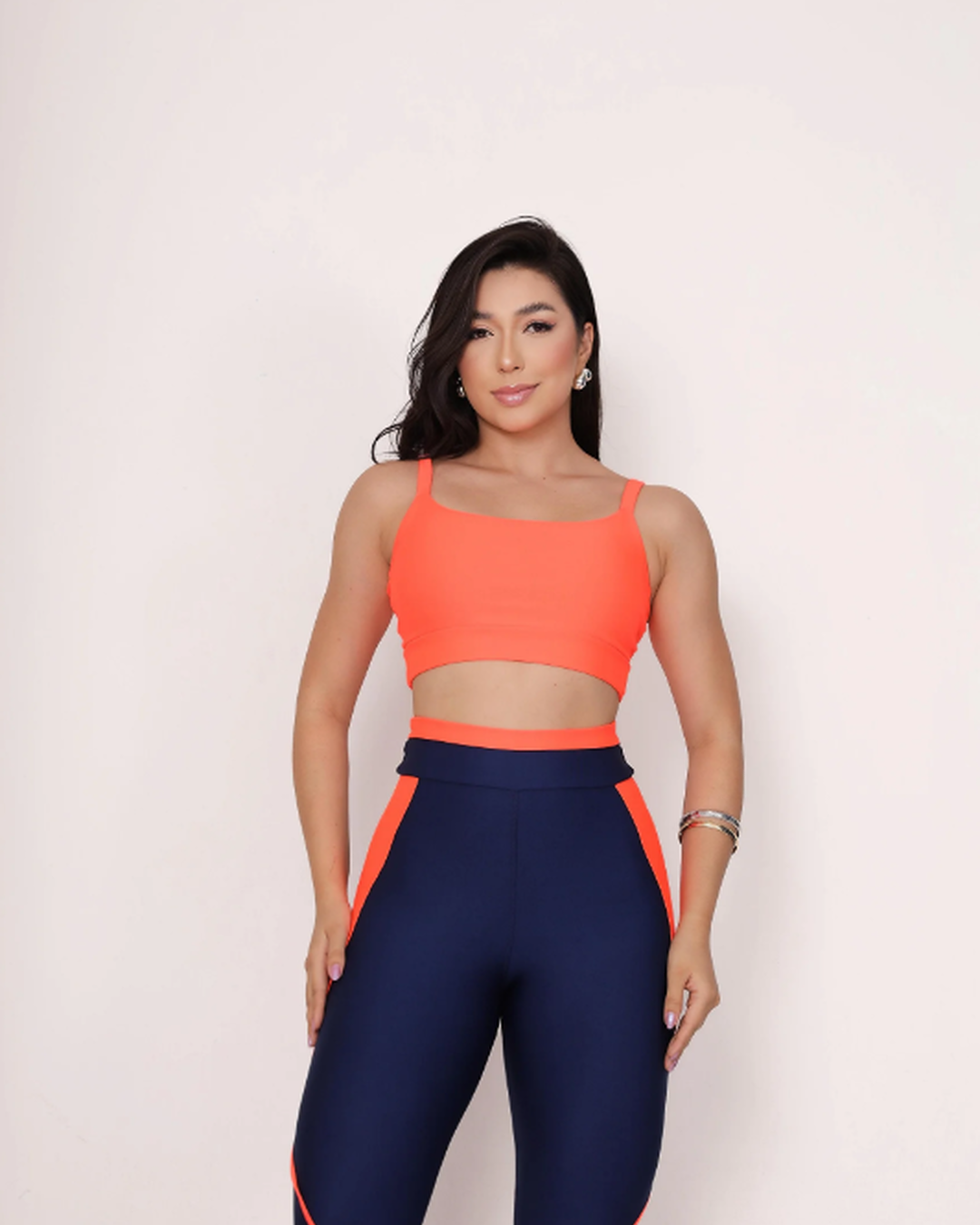 Navy Blue Legging Set with Piping + Straight-Strap Top in Neon Orange