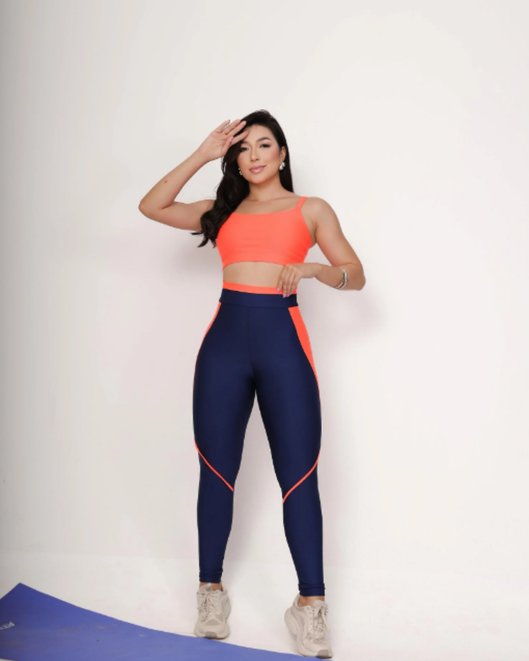Navy Blue Legging Set with Piping + Straight-Strap Top in Neon Orange