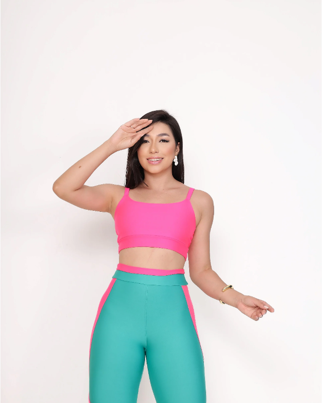 Legging and Straight-Strap Top Set – Emerald Green & Neon Pink