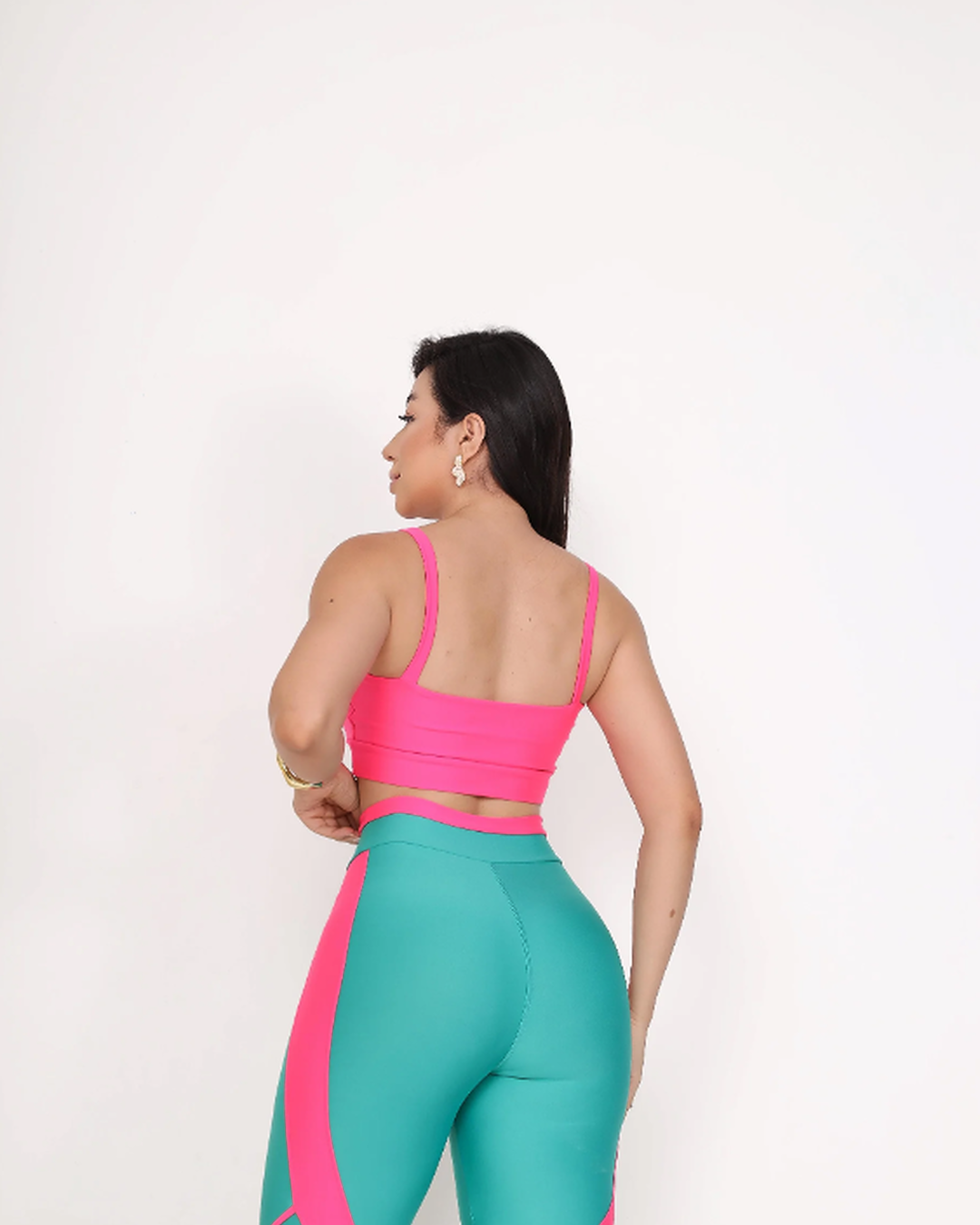 Legging and Straight-Strap Top Set – Emerald Green & Neon Pink