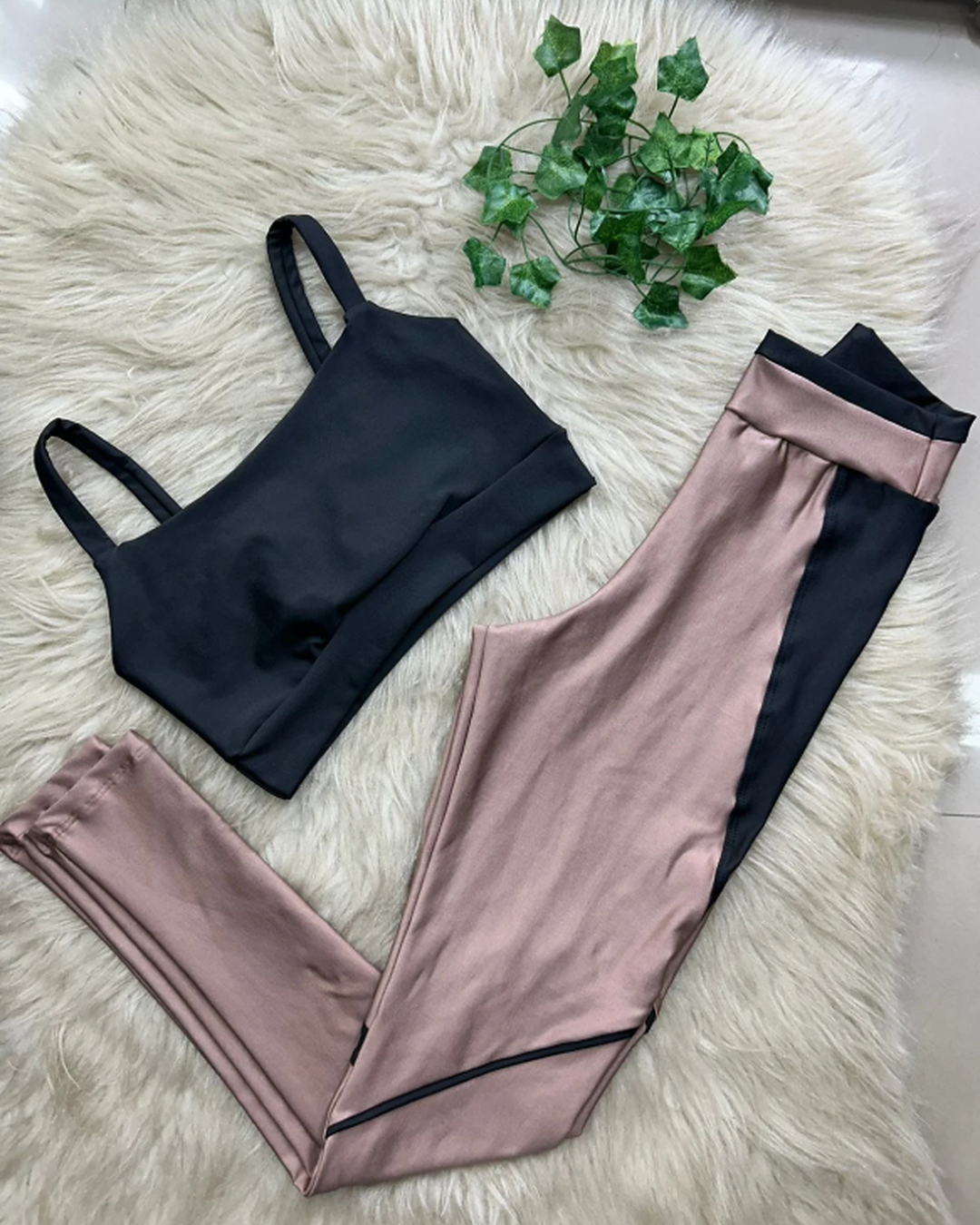 Legging and Straight-Strap Top Set – Cappuccino & Black