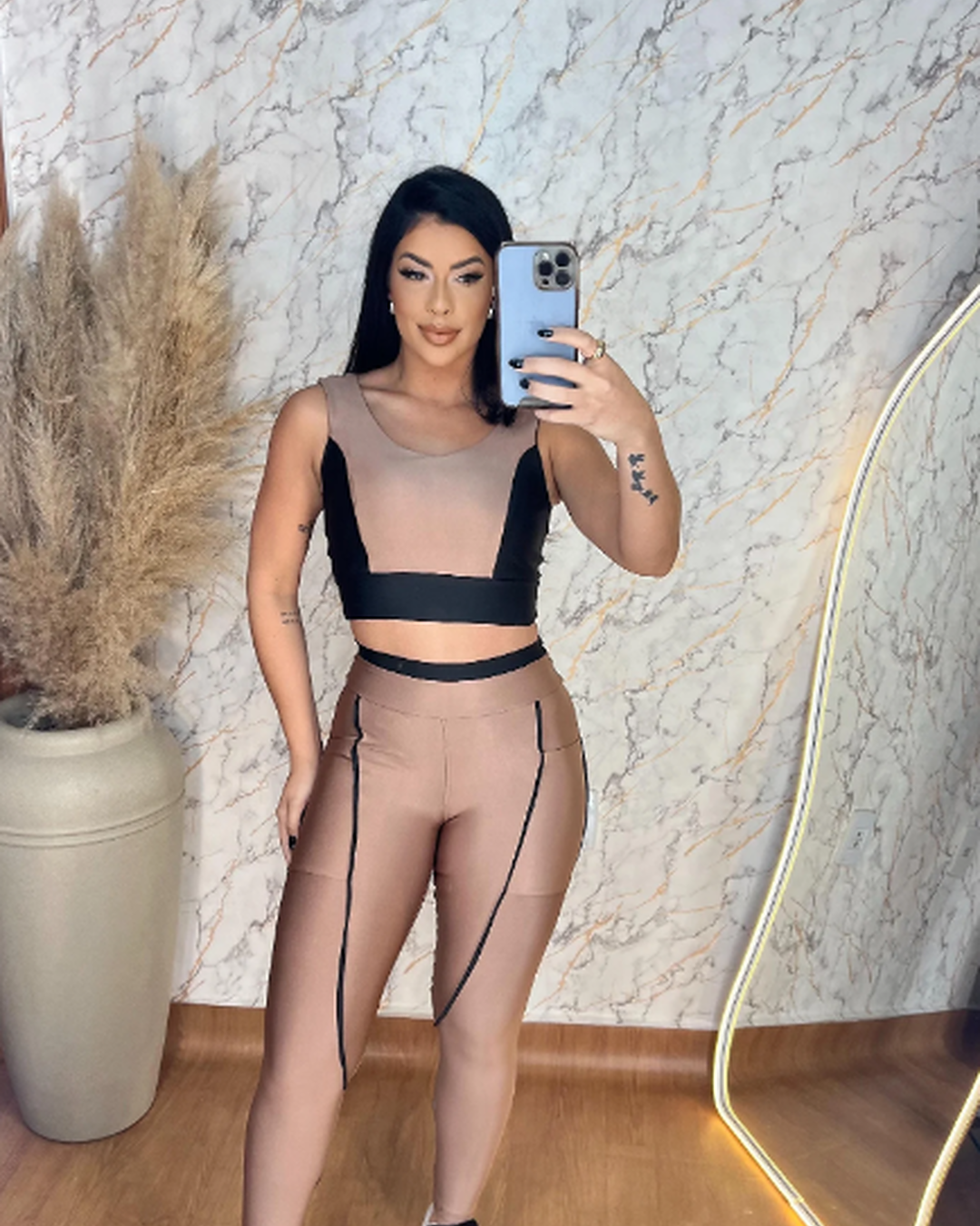 Cappuccino & Black Active Set – Piped Pocket Legging + Top