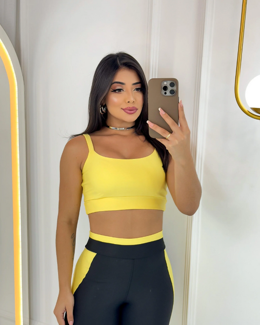 Vivid Legging Set + Straight Strap Top in Black + Baby Yellow