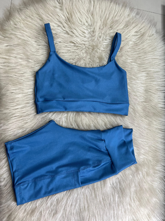 Petroleum Blue Pocket Shorts Set with Straight-Strap Top